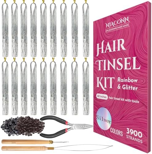 NIACONN Glitter Hair Tinsel Extensions Kit Silver with Tools and Beads, 48 Inch Sparkly Fairy Colorful Tensile Strands Shiny Hair Accessories for Women Girls Kids by NIACONN
