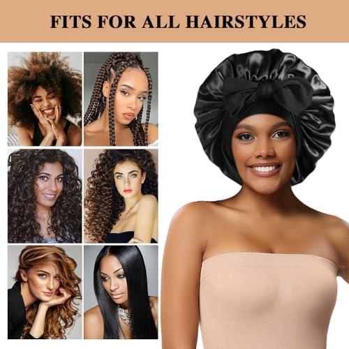 2+3 Large Satin Bonnets with Scrunchies for Women, Hair Bonnet Sleeping Tie Bonnet for Braids Curly Hair - Image 4