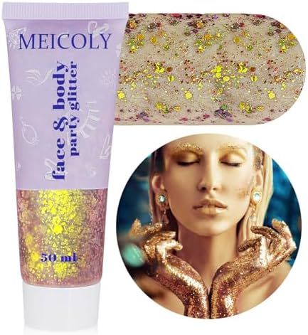 MEICOLY Chameleon Gold Hair Glitter,Halloween Mardi Gras Outfit for Women,Color Changing Game Day Spirit Day Wear Face Glitter,Self-Adhesive Chunky Holographic Body Glitter for Concert Clubbing by MEICOLY