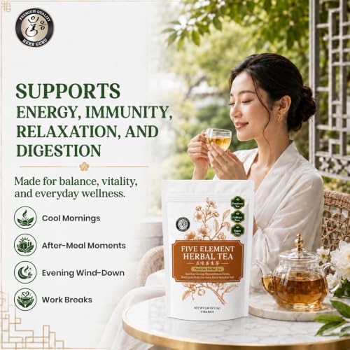Herb Guru Herbal Tea, Five Element Ginseng & Goji, 5 Bags (50 Cups) - Image 5