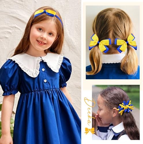 DEEKA 13 PCS Uniform Hair Accessories Set Yellow & Royal Blue Hair Bows Hair Clips Headband Hair Ties Curly Korker Bows for Little Toddler School Girls - Image 4