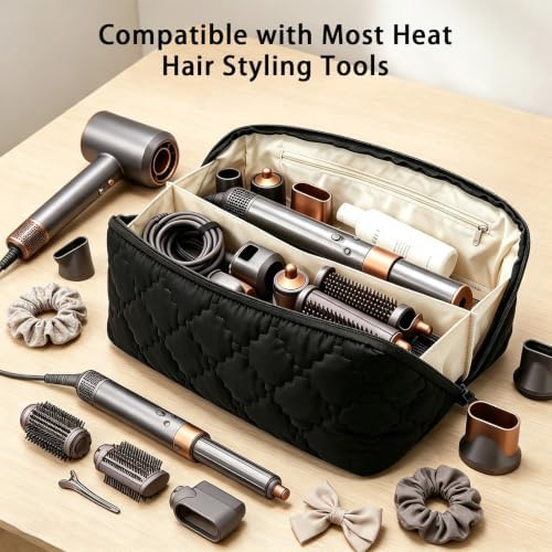 Hair Tools Travel Bag 5-Piece Set with Heat Resistant Mat Insulated Pouch and 2 Cord Straps, Large Fabric Organizer for Hot Brush Curling Iron Flat Iron Hair Dryer, Available in Black - Image 3