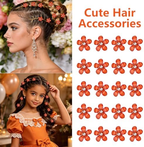 YISSION 20Pcs Mini Burnt Orange Plaid Flower Hair Clips, Rhinestone Decorative Hair Pins for Women and Girls Wedding Bridal Prom Daily Hairstyle Accessories - Image 3