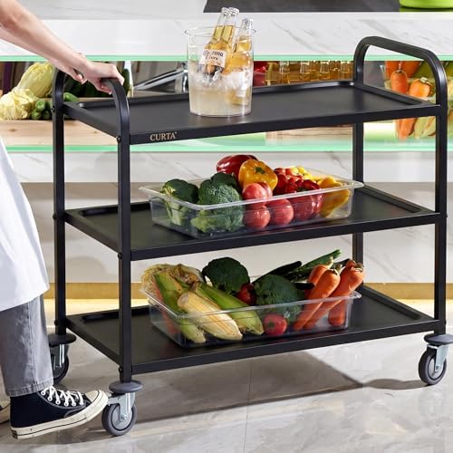 CURTA Black Stainless Steel Serving Cart, 3-Tier Rolling Utility Trolley (30"x16"x33"), Heavy Duty Painted Kitchen Cart on Wheels with Brakes, Commercial Grade for Restaurant, Hotel, Salon & Lab - Image 7