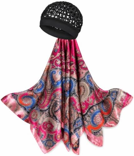 2 in 1 Wrap Cap Hair Net and Scarf for Silk Press, Satin Wrap Cap Bonnet for Women, Adjustable Stay-On Sleep Hair Net Scarf for All Hair Types (Rose red, One Size) by BQSAR