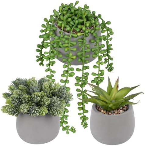 Artificial Succulents Plants in Grey Pots (Set of 3) - Faux String of Pearls, Aloe & Sedum Potted Plants Small Fake Plants Indoor for Home Office Table Desk Shelf Kitchen Bathroom Decor by Velener