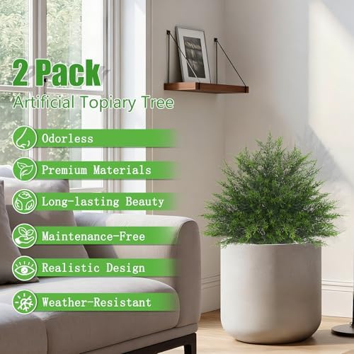 2 Pack 23" Artificial Cedar Topiary Ball Trees with Ground Spike - Image 4