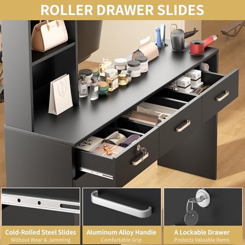 50.4" Barber Station for Hair Stylist, Salon Storage Cabinet with 3 Drawers, Lockable Compartment, 3 Tool Holders and Open Shelves, Hairdresser Workstation, Black, Mirror Not Included - Image 3