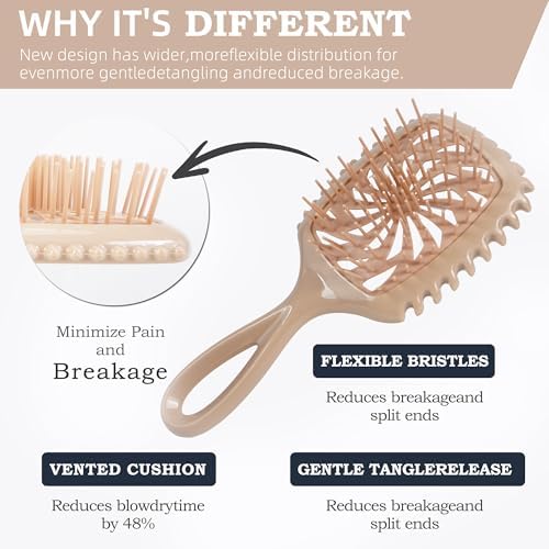 Detangler Hair Brush, Vented Paddle Brush for Wet Dry Hair, Pain-Free for Curly Straight Thick Fine Hair, Women Men Kids (khaki) - Image 2