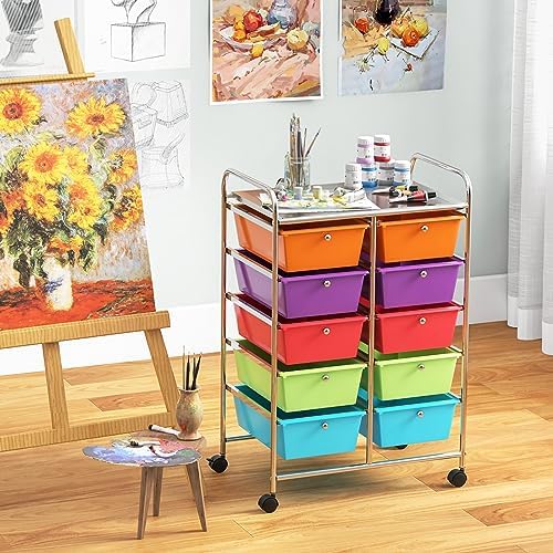 Giantex 10 Drawers Rolling Cart, Classroom Organizers, Storage Cart with Wheels, for Teacher Office Home School Supplies Tool Craft Art Paper, Rainbow Color - Image 2