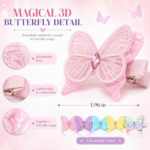 5 Pcs Butterfly Hair Bows Clips for Girls, Fully Lined Soft Fabric Alligator Clips, Safe Non-Slip Barrettes for Kids & Toddlers, Handmade Spring Accessories for Daily Wear - Image 4