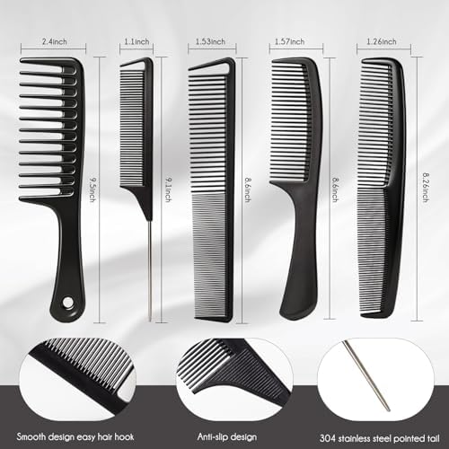 5PCS Hair Comb Set - Professional Wide & Fine Tooth Rat Tail Combs for Men Women，Carbon Fiber Comb for Hair Cutting Styling Braiding Parting Teasing Tools(Black) - Image 2