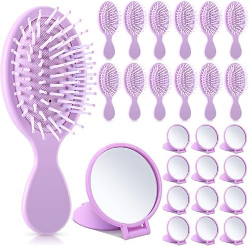 Meanplan 24 Pcs Mini Hair Brush Set 12 Travel Wet Dry Hair Combs Pocket Detangling 12 Compact Folding Makeup Mirrors for Spa Sleepover Birthday Bridal Shower Bachelorette Christmas Party Gift(Purple) by Meanplan