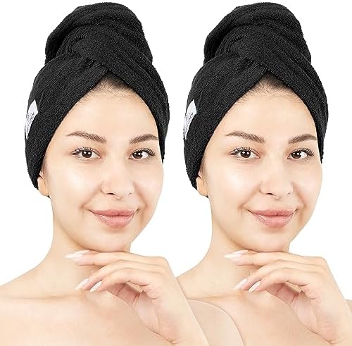 American Soft Linen 100% Cotton Hair Towels for Women, Head Towel Cap, Cotton Hair Turban Towel Wrap for Long Curly Anti Frizz Hair, Soft and Absorbent Cotton Hair Towels 2 Pack, Black by AmericanSoftLinen