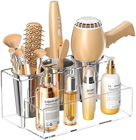 HIIMIEI Hair Tool Organizer, Acrylic Hair Dryer Holder, Bathroom Countertop Blow Dryer Stand Storage, Vanity Organizer for Accessories, Makeup, Flat Irons, Curling Irons, and Toiletries (Clear) by HIIMIEI