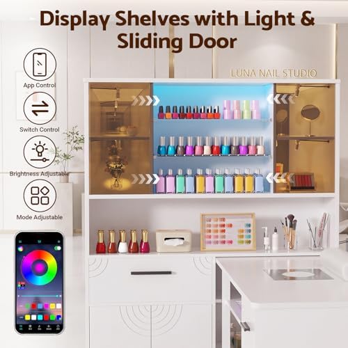 Manicure Table with Dust Collector and LED Display Cabinet (White) - Image 5