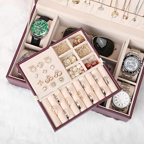 LANDICI 2-Layer Jewelry Box with 4 Watch Slots, Pink - Image 3