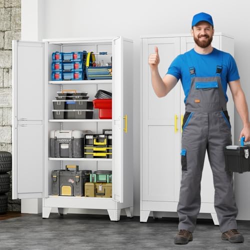 61" Metal Garage Storage Cabinet with 2 Doors and 3 Adjustable Shelves,Metal Storage Cabinets,Steel Tool Cabinets for Home,Office,Garage,Warehouse(White, 61''H x 27''W x 14''D) - Image 2