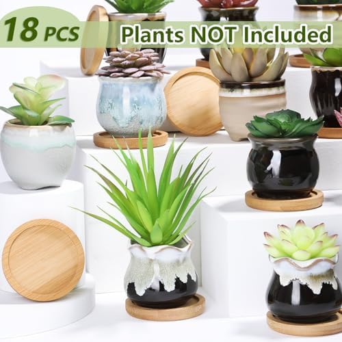 Remerry 18 Pcs Ceramic Small Succulent Pots 2.5 in with Drainage Bamboo - Image 2