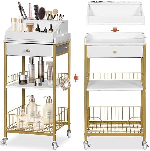 Makeup Organizer Cart, Rolling Vanity Storage, Gold and White by SimpleandNeatLife
