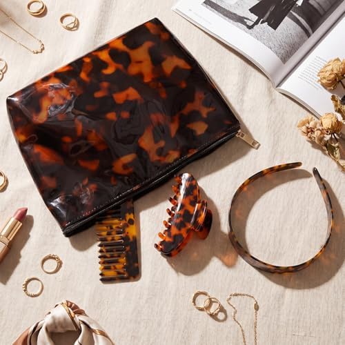 Thiccywoov 4 Pcs Tortoise Shell Makeup Bag with Hair Accessories Set for Women, Travel Cosmetic Pouch, Wide Headband, Large Claw Clip, Wide Tooth Comb, Retro Hair Styling Gift Set - Image 5