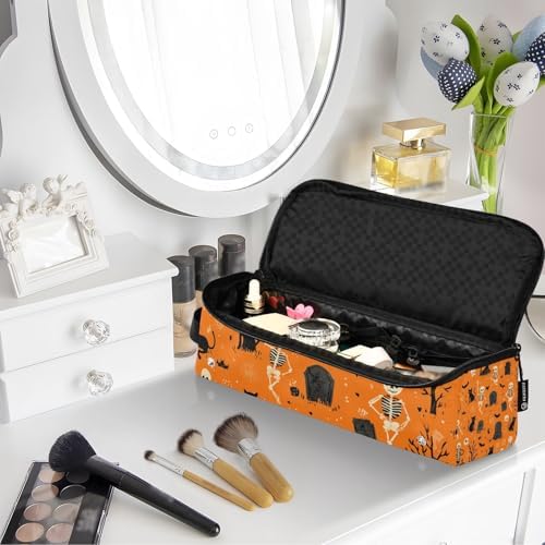Hair Tools Travel Bag with Heat Resistant Mat 2-in-1 Hot Tools Travel Bag Organizer Flat Curling Iron Travel Case for Straightener Halloween Orange Skeletons Cat Bats Tombstones Trees - Image 7