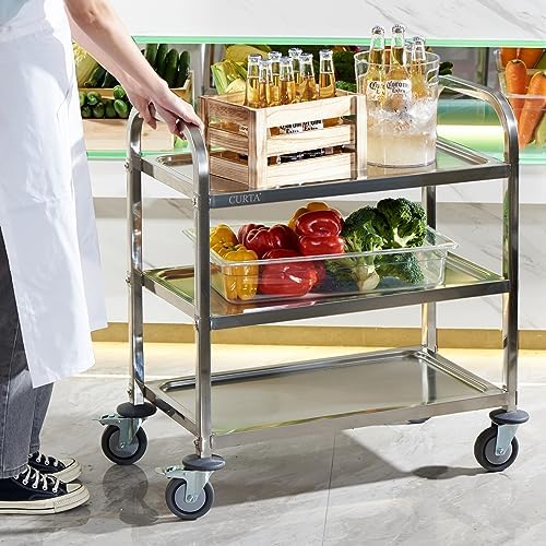 CURTA Stainless Steel Serving Trolley, 30" L x 16" W x 33" H 3 Tiered Shelf Kitchen Utility Cart, Rolling Casters Brake Wheel, Commercial Pro for Restaurant/Hotel/Lab/Clinic/Salon/Workshop - Image 3