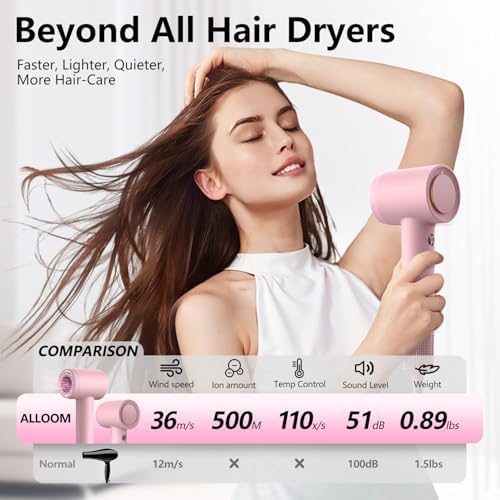 Hair Dryer, 160000 RPM Professional High-Speed Blow Dryer 500 Millions Negative Ionic Care Hair Dryer for Fast Drying, Low Noise Thermo-Control Hairdryer, Travel with Magnetic Diffuser & Nozzle, Pink - Image 5