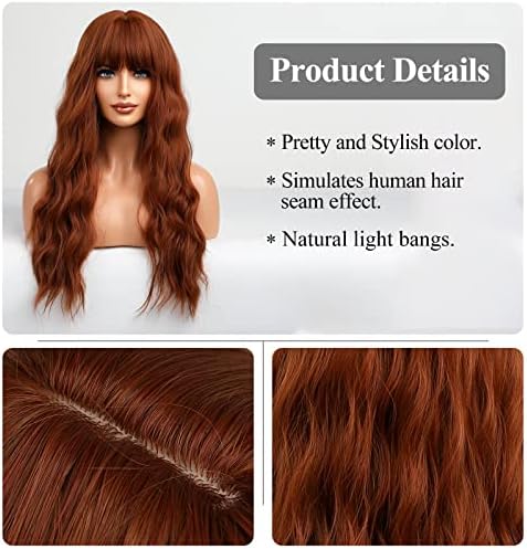 HAIRCUBE Orange Wig with Bangs Long Copper Red Curly Wigs for Women Long Auburn Wig Heat Resistant Natural Synthetic Wig for Daily Use - Image 2