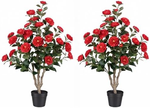 3ft Artificial Camellia Tree 2 Pack, 36" Faux Potted Camellia Plant with Vibrant Red Silk Flowers, UV Resistant Fake Flowering Tree for Front Porch Indoor Outdoor Home Office Floor Decor by LeafVerse
