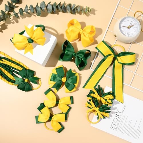 DEEKA Yellow & Green School Hair Accessories Set 13 Pcs Uniform Hair Bow Headband Clips Hair Ties Curly Korker Bows for Little Toddler School Girls (Yellow&Green) - Image 5