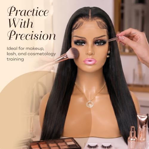 Realistic Female Mannequin Head with Shoulders – Lifelike Cosmetology Manikin Display Bust for Wigs, Jewelry, Necklaces, Hats, Sunglasses, Scarves & Makeup Practice. (Brown Pink Lip) - Image 6