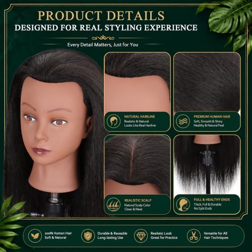 18" Human Hair Mannequin Head with Adjustable Tripod Stand - Image 4