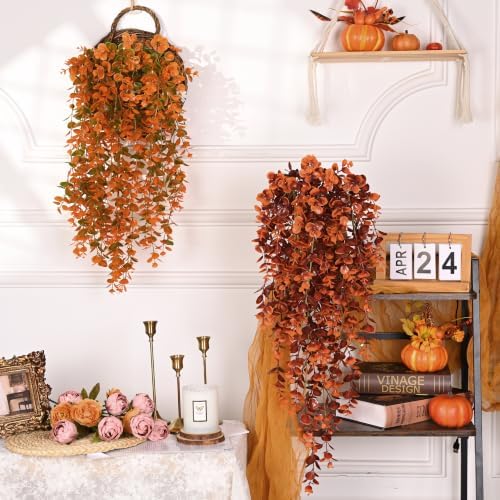 Waipfaru 4Pcs Fake Hanging Plants, Red-Brown Eucalyptus Fake Vines Ivy - Image 5