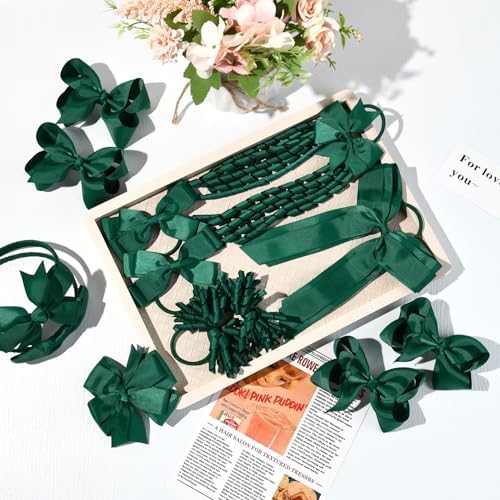 DEEKA Dark Green School Hair Accessories Set 13 Pcs Uniform Hair Bow Headband Clips Hair Ties Curly Korker Bows for Little Toddler School Girls (Dark Green) - Image 7