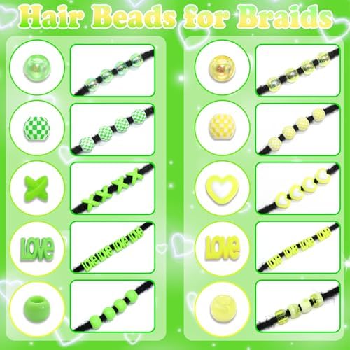 NAISKA 88PCS Green Yellow Hair Beads 10 Styles Beads for Hair Cute Braids Bead Dreadlock Jewelry Cute Braids Accessories for Kids Girls - Image 6