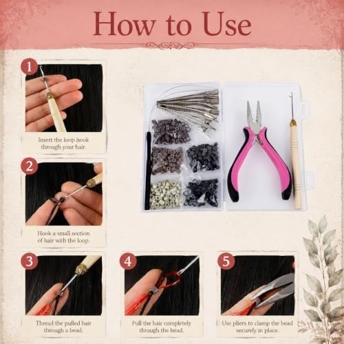 Hair Extension Tools Kit with Storage Case 500 Silicone Lined Ring Beads,1 Plier, 1 Threader,1 Crochet Hook,10 Curved Hair Needle,5 Hair Clips,5 Rolls Sewing Threads,100 Rubber Bands (Style2) - Image 5