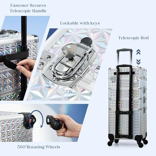 Stagiant Rolling Makeup Case Cosmetology Case on Wheels 4 in 1 Large Cosmetic Organizer Train Case Makeup Travel Case with Key Nail Artist Salon Storage Traveling Cart Big Trunk Shiny Silver - Image 6