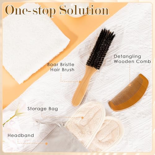 4PCS Boar Bristle Hair Brush Comb Set for Women Men Kid, Soft Natural Slick Back Hair Brush for Thin & Fine Hair, Travel Bag & Spa Headband Included - Image 2