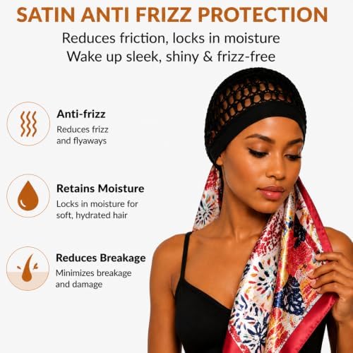 2 in 1 Wrap Cap Hair Net and Scarf for Silk Press, Satin Wrap Cap Bonnet for Women, Adjustable Stay-On Sleep Hair Net Scarf for All Hair Types (Red, One Size) - Image 3