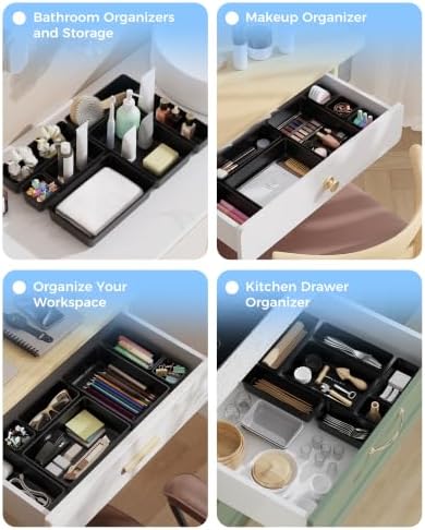 BiuLeon 25 PCS Plastic Drawer Organizers Set, 4-Sizes Vanity and Makeup Organizer, Desk and bathroom Drawer Organizer Trays, Organizers and Storage for Makeup, Jewelry, Gadgets, Utensils (Black) - Image 7