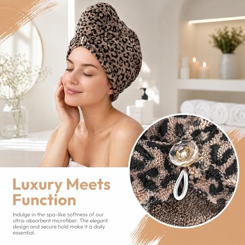 2PCS Microfiber Hair Towel Wrap Leopard for Long Thick Hair - Image 6