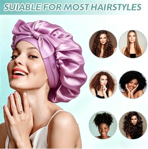 VECIIR Silk Bonnet for Sleeping Women，Hair Bonnet for Sleeping Silk Night Cap for Curly/Natural Hair Skin ‌‌Dusty Lilac, Large - Image 6