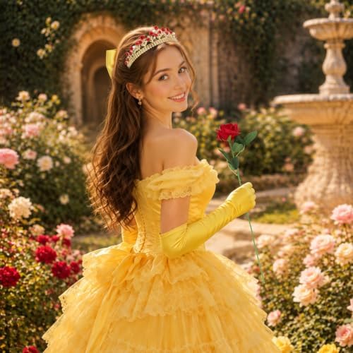 Princess Costume Accessories Crown Rose Hair Bow Yellow Gloves Kit - Image 4
