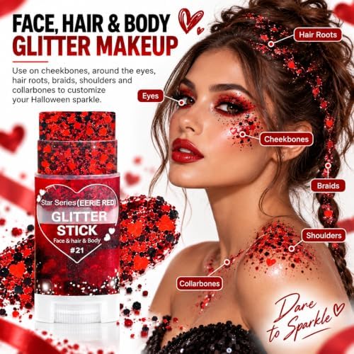 Red and Black Hair Glitter Stick, Face Body Glitter Makeup, Red Black School Spirit Week Game Day Cheer Football Accessories, Heart Chunky Sequins for Halloween Vampire Devil Witch Clown Rave Festival - Image 5