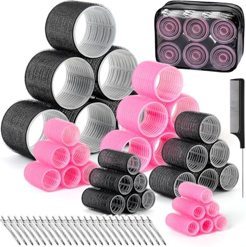 6 Sizes Self-Grip Hair Rollers,62 PCS Hair Curler Set with Clips by tetutor
