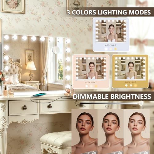 Ratsamee Hollywood Vanity Mirror with Lights, 18 Dimmable Bulbs, 3 Color Lights,Make Up Lighted Mirror, Aluminum Metal Frame, USB Charging Port（32" x 24"） - Image 3