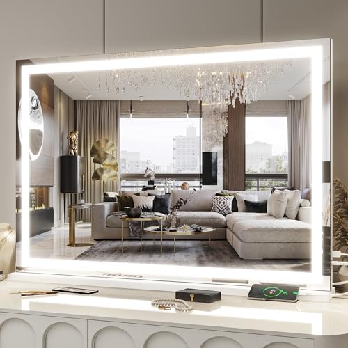 FENNIO Large Vanity Mirror with Lights，35.5" x 27" LED Makeup Mirror，Hollywood Mirror with 3 Color Modes & Adjustable Brightness，Vanity Mirror Square White by FENNIOLEDMIRRORS