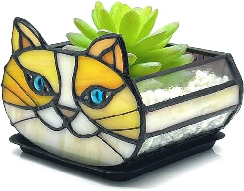 Stained Glass Yellow Cat Flower Pot,Small Succulent Planter for Indoor Plants,Cat Plant Decoration for Windowsill 4.33x3.54x2.95 in（Excluding Plants） by Entlityful