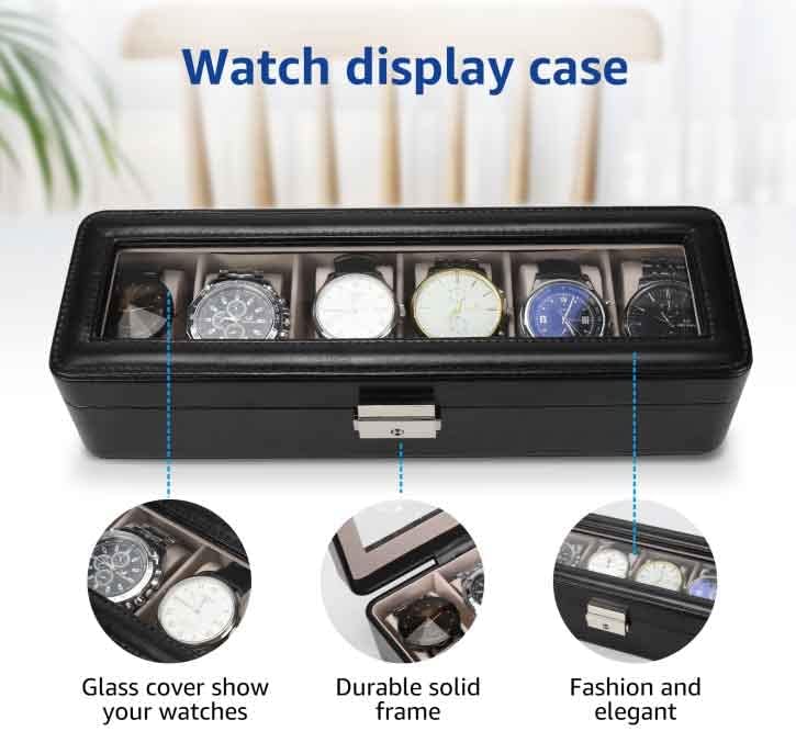 Watch-Box Organizer for Men and Women: Watch-Case Holder 6-Slot Watch Box Pu-Leather Watch-Display with Glass Window and Lock Black - Image 3